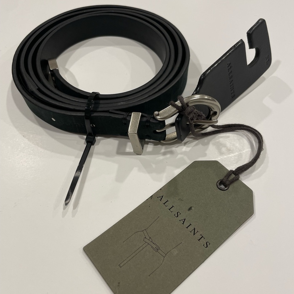 All Saints Black Leather Belt with Silver Accents